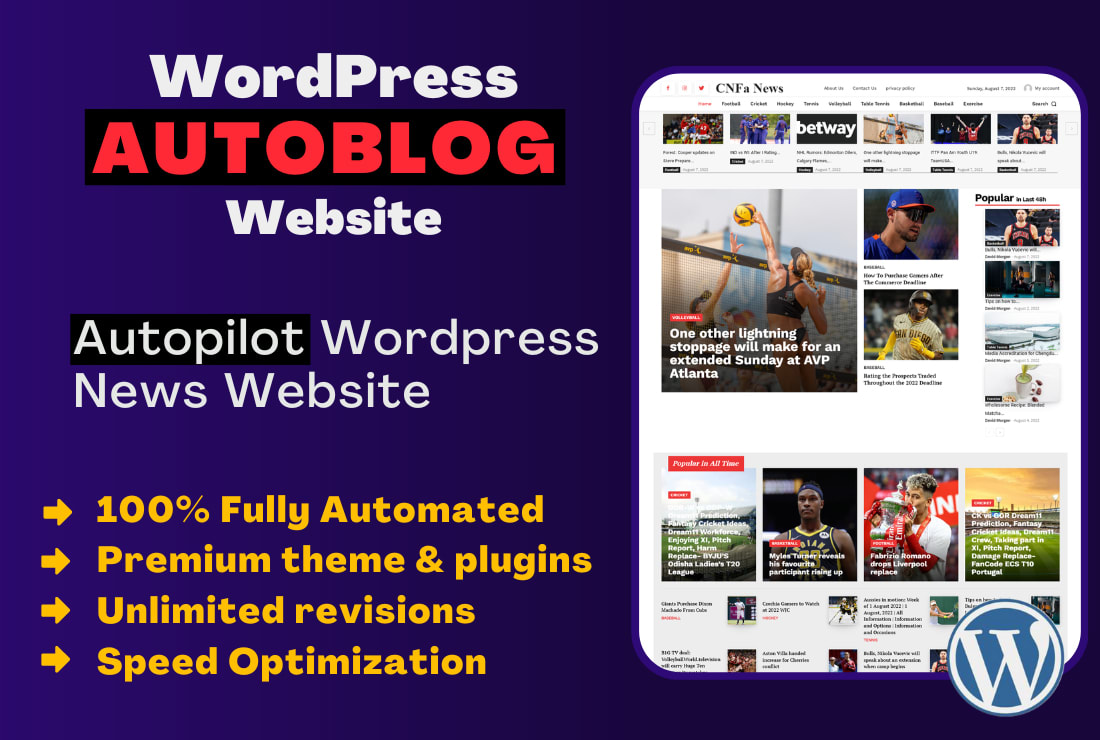 Autopilot WordPress News Website | Autoblog | Potential Profit: 5000$/month